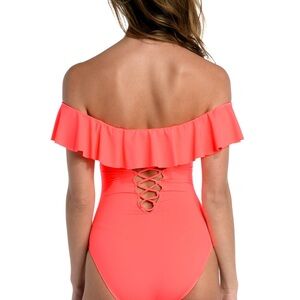 La Blanca Island Goddess Off Shoulder Ruffle One Piece - Hot Coral Swim Suit 10
